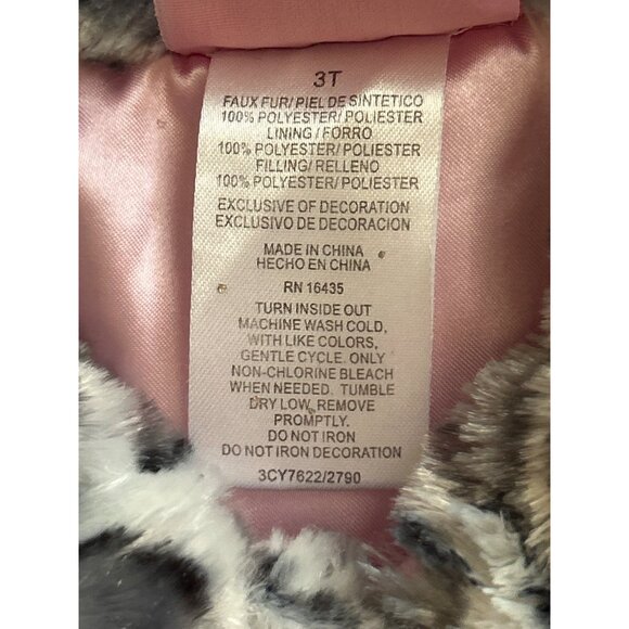 Girls Faux Fur White Gray Leopard Print Coat Pink Bow Accent & blingy Buttons 3T - Picture 5 of 8